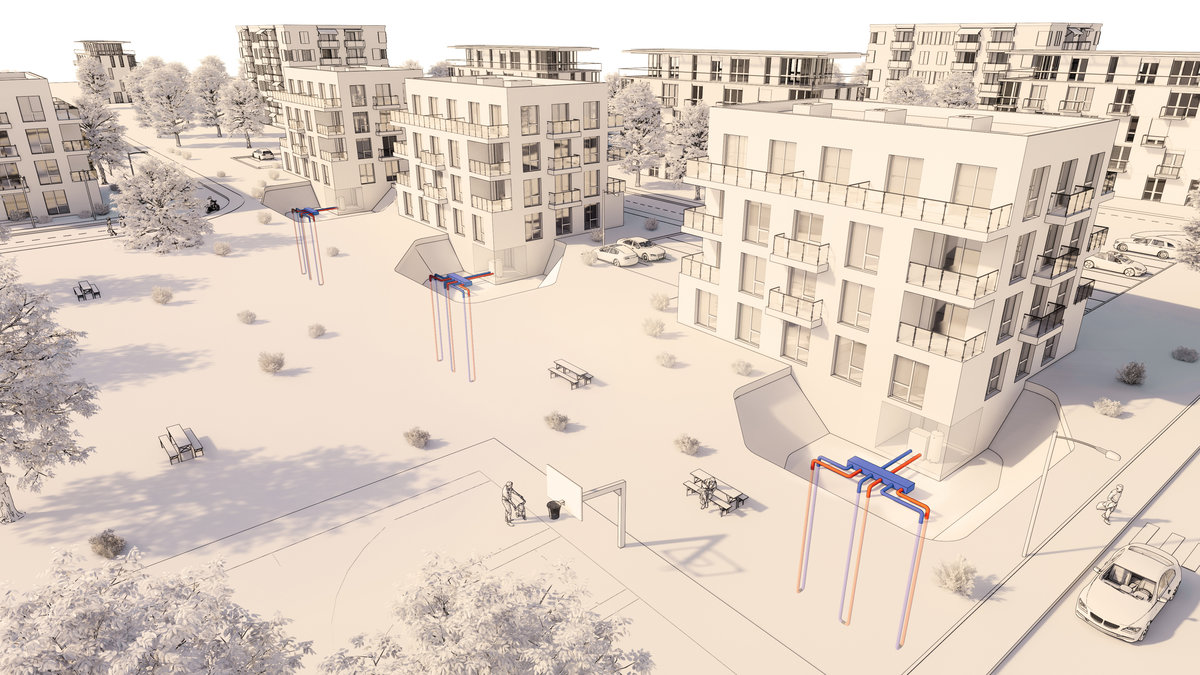 Quartiersansicht mit simulierten Sondenfeld und Wärmepumpenanschluss